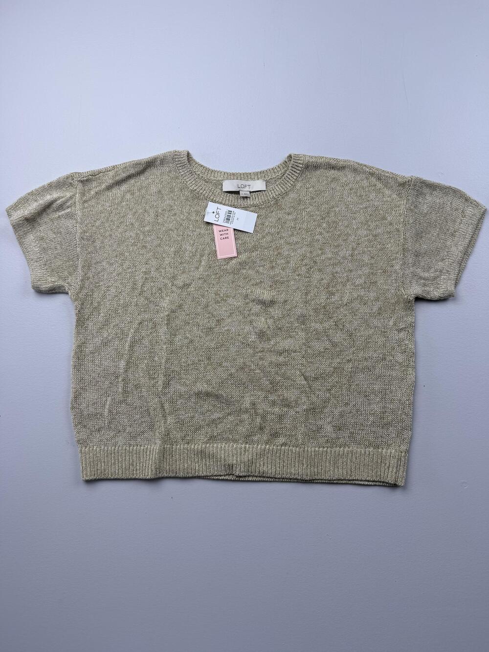LOFT Sweater Womens Medium Beige Short Sleeve Metallic Crewneck Pullover Knit
